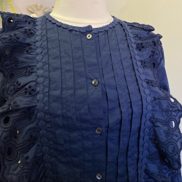 J Crew Navy Ruffle Eyelet Button Down Blouse - Picture 3 of 13